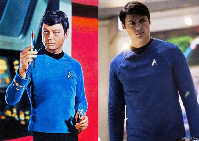 comparison of DeForrest Kelley and Karl Urban as Star Trek Doctor Leonard McCoy