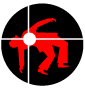 red silhouette of man falling back after being shot, black background and white crosshairs with white hole in the man's chest