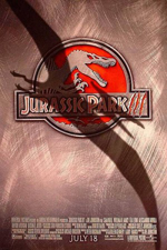 Jurassic Park III movie poster showing the shadow of a pteradactyl on a brushed alumninum plate with the movie name as a logo with the roman numeral three looking like scratches from talons