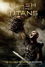 Clash of The Titans movie poster showing Perseus with his sword screaming as he hold up the severed head of Medusa to kill the Kraken