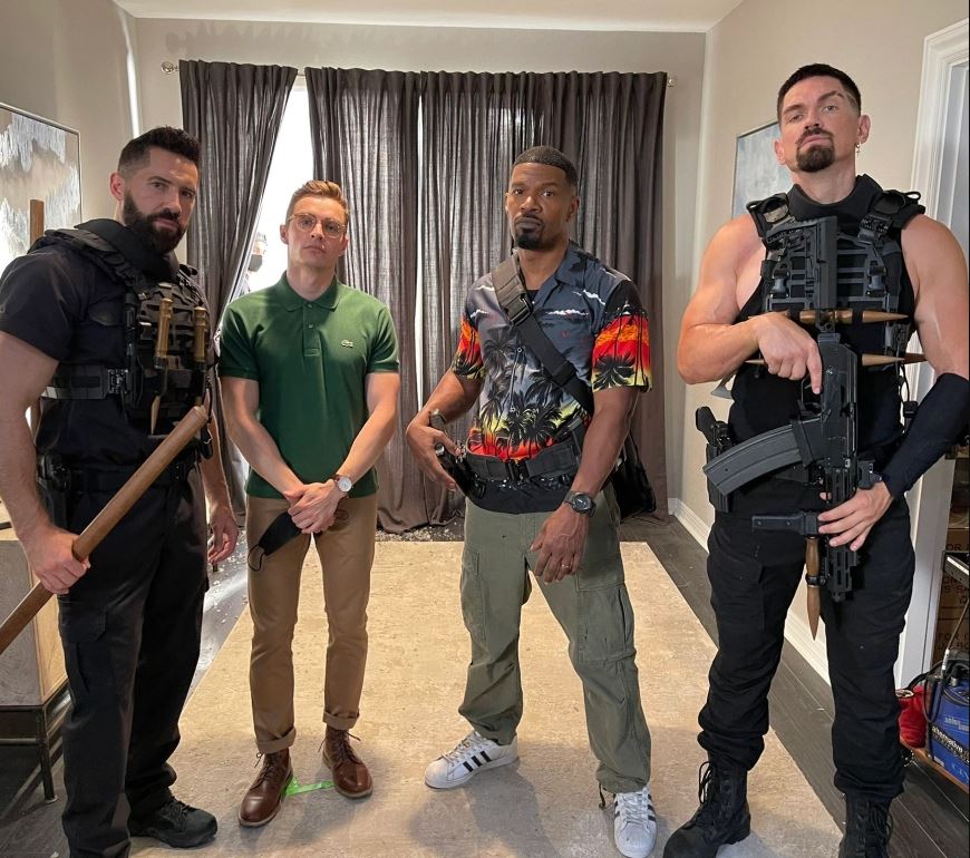 Scott Adkins, Dave Franco, Jamie Foxx, and Steve Howey from the set of Day Shift