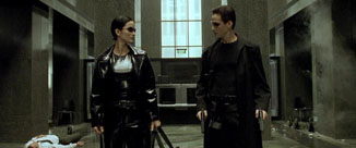 The Matrix movie Neo and Trinity share a look