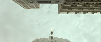 The Matrix movie helicopter reflection in skyscraper