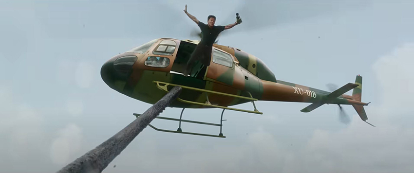 Wu Jing aka Jacky Wu jumps out of a helicopter in Meg 2: The Trench