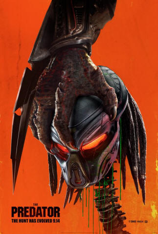 The Predator 2018 movie poster showing a predator's hand gripping a predator face mask with dreadlocks in back, the eyes of the mask are glowing orange against the poster's orange background and a spinal column hangs down suggested the skull is intact in the masks representing predator on predator violence. The predators hand protrudes from a leather oir metal cuff/sleeve and a very sharp pointed blade tool is extended from the cuff along and beyond the top of the hand. The movie title THE PREDATOR is in the lower left corner in black and the tag line reads The Head has Evolved.