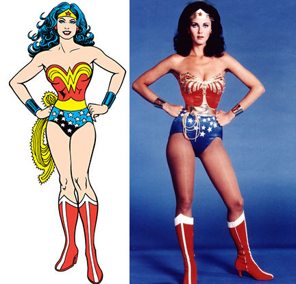 Wonder Woman comic side by side with Lynda Carter